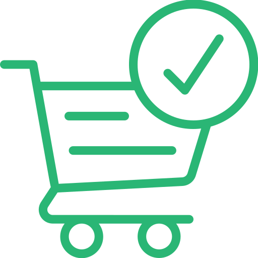 Green shopping cart icon with a large checkmark, indicating a confirmed checkout or completed purchase.