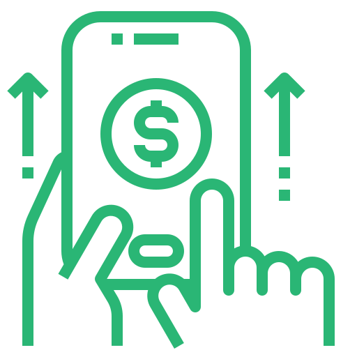 Hand tapping a smartphone showing a dollar coin, with arrows indicating a mobile payment action.