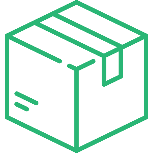 Green line drawing of a cardboard box sealed with tape, shown in isometric perspective.
